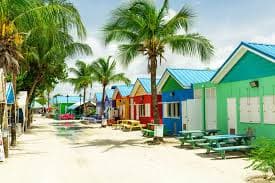 Barbados colorful beach huts with palm trees