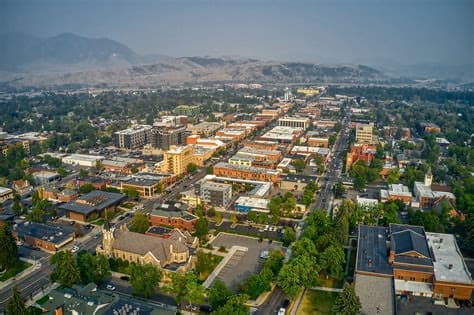 Bozeman Montana downtown aerial with Bridger Range